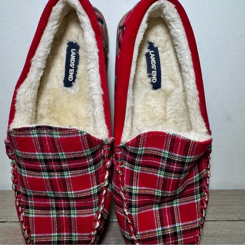 Lands‎ End Men’s Red Plaid Flannel Faux Shearling Lined Moccasin Slippers Size 8